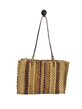 Woven Straw Tote Bag with Brown Stripes with leather Handles